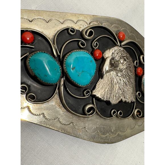 LARGE Native American Belt Buckle Raised Eagle Head Turquoise Coral Silver Tone - Picture 4 of 8